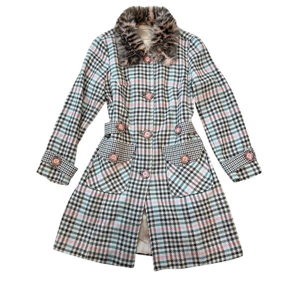 Vintage 90s Wool Plaid Faux Fur Pea Coat Animal Print Pink Blue size Medium - Picture 1 of 10